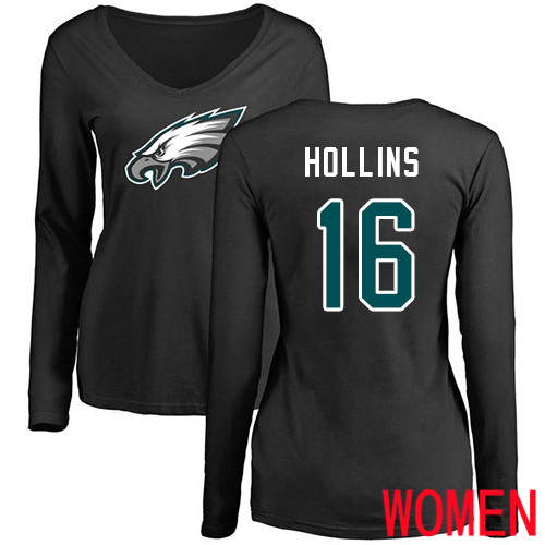 Women Philadelphia Eagles #16 Mack Hollins Black Name and Number Logo Slim Fit Long Sleeve NFL T Shirt.